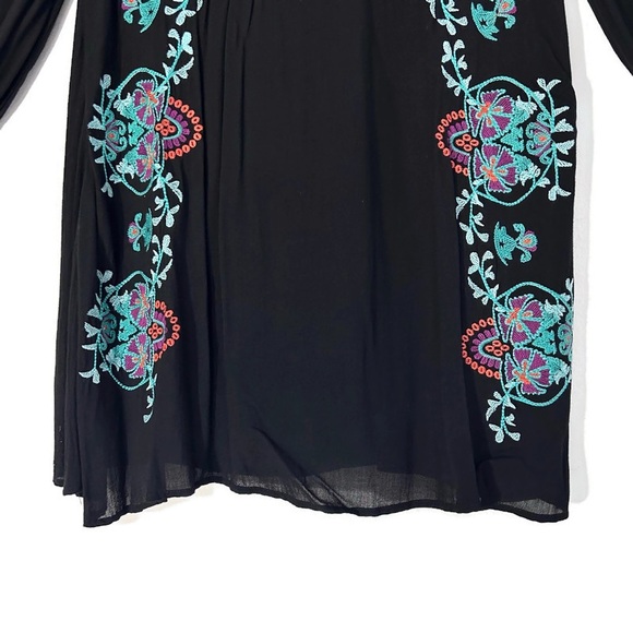 Anthropologie Entro Bohemian Black Colorful Embroidery Mini Dress Size Large - Picture 6 of 13